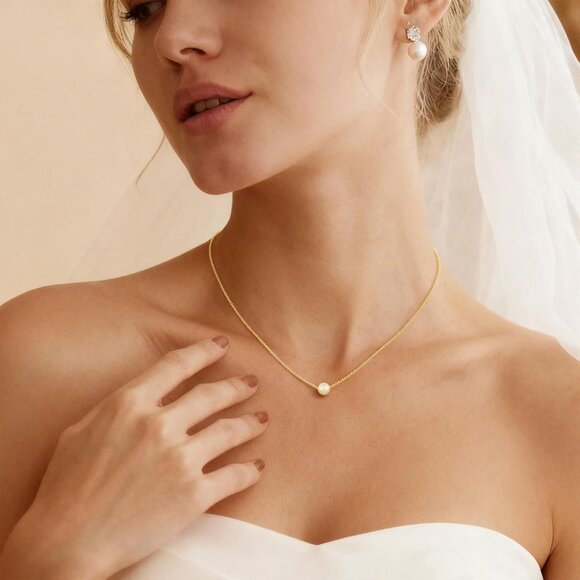 Women's 1 Gold Pearl Necklace 14k Gold Plated Dainty Pearl Necklace Choker - Picture 4 of 7